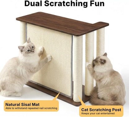 VEEHOO Right-Facing Cat Scratcher End Table - Engineered Wood, Space-Saving Freestanding Design, Durable Sisal Panel & Posts, Black Walnut Finish, Easy Assembly with Remote and Coffee Holder