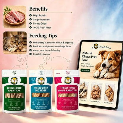 Peach Pet Freeze-Dried Chews for Dogs and Cats | Rabbit Ear, Rabbit Leg, Pig Nose, or 3-Treat Bundle | 3.5 Oz | All-Natural, High Protein Treats