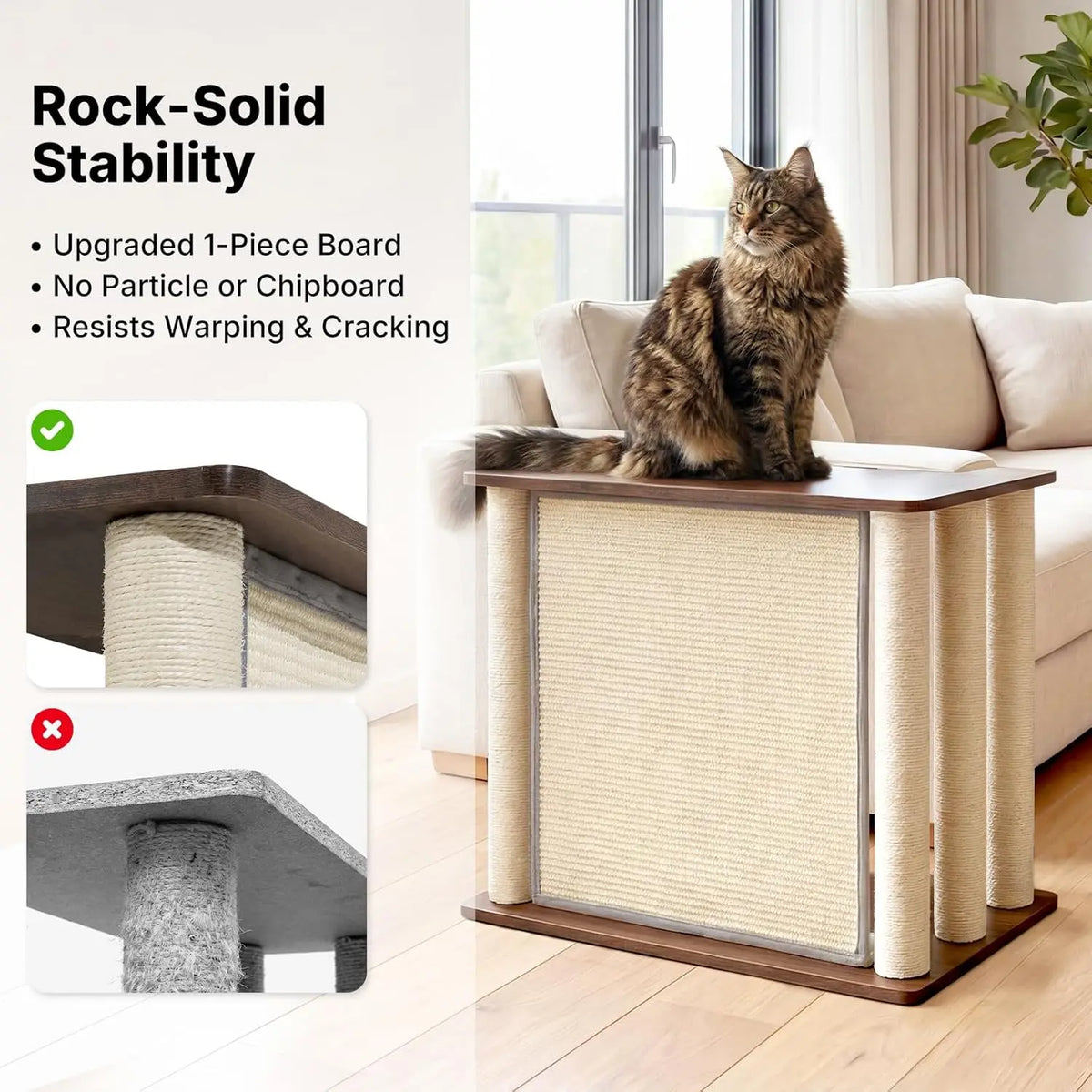 VEEHOO Right-Facing Cat Scratcher End Table - Engineered Wood, Space-Saving Freestanding Design, Durable Sisal Panel & Posts, Black Walnut Finish, Easy Assembly with Remote and Coffee Holder