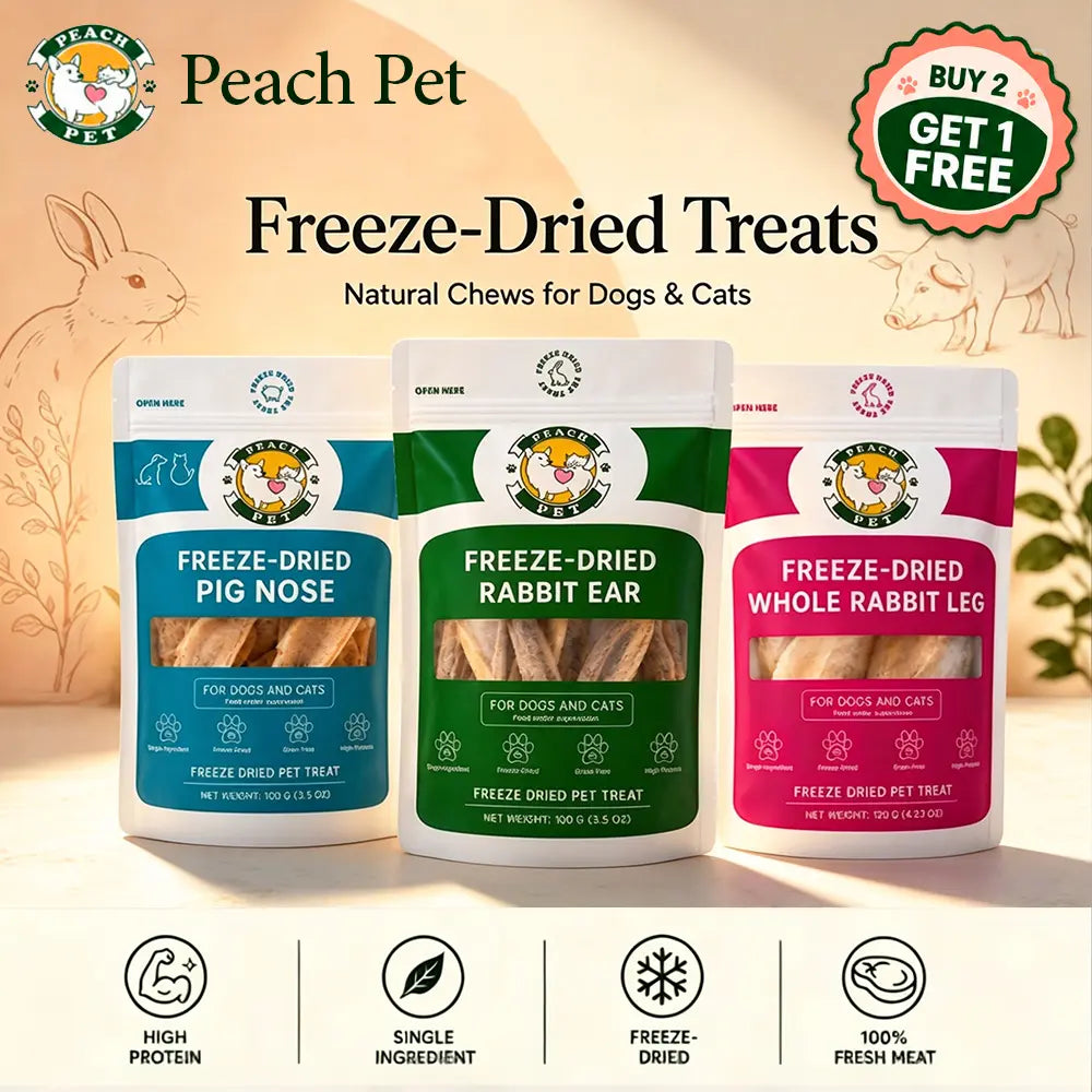 Peach Pet Freeze-Dried Chews for Dogs and Cats | Rabbit Ear, Rabbit Leg, Pig Nose, or 3-Treat Bundle | 3.5 Oz | All-Natural, High Protein Treats
