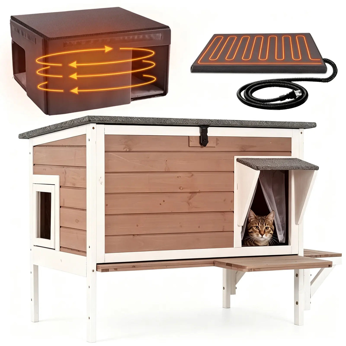 Aivituvin-Air91-In-Hp Wooden Heated Cat House with Adjustable Temperature Pad, Elevated Build, Weatherproof Design, Asphalt Roof, Rain-Safe PVC Flap, Insulation, Removable Liner for Easy Cleaning, Thermostat Overheat Protection for Backyard, Porch