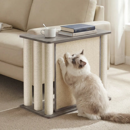 VEEHOO Right-Facing Cat Scratcher End Table - Engineered Wood, Space-Saving Freestanding Design, Durable Sisal Panel & Posts, Black Walnut Finish, Easy Assembly with Remote and Coffee Holder