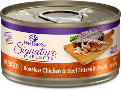 CORE Signature Selects Shredded Adult Canned Wet Cat Food, Natural, Protein Rich, Grain Free, Chicken and Beef Entrée Recipe, 2.8 Oz, Pack of 12 Cans