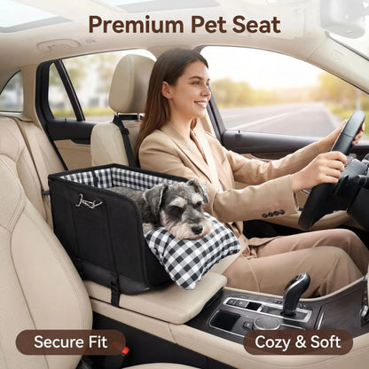 Premium Center Console Dog Car Seat for Small Pets up to 12 lbs, Armrest Booster Seat with Integrated Leash, Comfortable Travel Pet Bed for Dogs and Cats