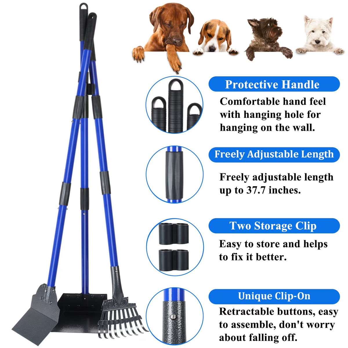 Pooper Scooper, Heavy Duty Dog Poop Scooper Set with Tray Rake and Spade for Large Medium Small Dogs, over 37" Adjustable Metal Long Handle Portable Poop Scoop Pet Waste for Yard Grass Gravel