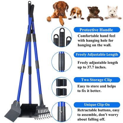 Pooper Scooper, Heavy Duty Dog Poop Scooper Set with Tray Rake and Spade for Large Medium Small Dogs, over 37" Adjustable Metal Long Handle Portable Poop Scoop Pet Waste for Yard Grass Gravel