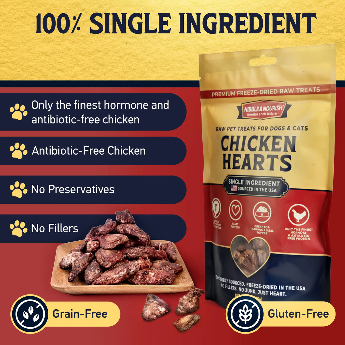Nibble & Nourish Freeze-Dried Chicken Hearts for Dogs and Cats – Premium Single Ingredient Raw Treats, Made in the USA, Ideal for Training, Meal Enhancements, and Daily Rewards, Free from Fillers and Preservatives