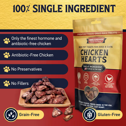 Nibble & Nourish Freeze-Dried Chicken Hearts for Dogs and Cats – Premium Single Ingredient Raw Treats, Made in the USA, Ideal for Training, Meal Enhancements, and Daily Rewards, Free from Fillers and Preservatives